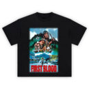 Illustrated scene of Rambo from First Blood with knife, chase scenes, and movie title