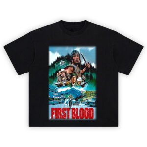Illustrated scene of Rambo from First Blood with knife, chase scenes, and movie title