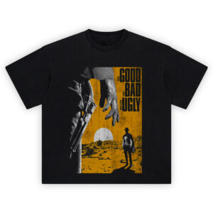 The Good The Bad and The Ugly Standoff Tee with gunslinger duel scene at sunset in western desert