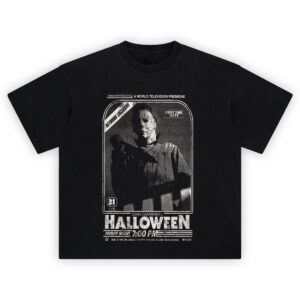 Halloween Michael Myers Vintage TV Broadcast Tee with retro television promo design and grainy horror aesthetic