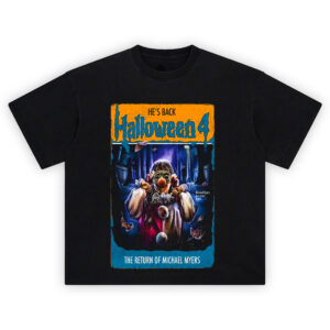 Halloween 4 The Return of Michael Myers Graphic Tee featuring Jamie in clown costume and Michael in the shadows