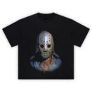 Friday the 13th Jason Voorhees Mask Graphic Tee with close-up of iconic hockey mask and horror lighting