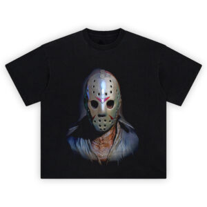 Friday the 13th Jason Voorhees Mask Graphic Tee with close-up of iconic hockey mask and horror lighting