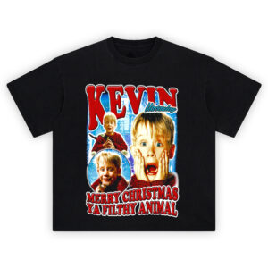 Home Alone Kevin McCallister Merry Christmas Graphic Tee featuring shocked Kevin face and holiday text