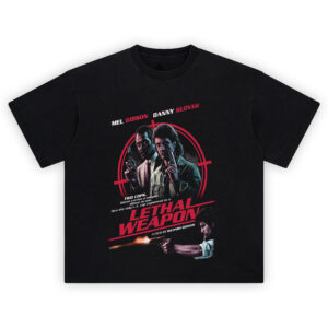 Lethal Weapon Retro Action Movie Graphic T-Shirt featuring Riggs and Murtaugh with guns drawn inside a red target reticle.