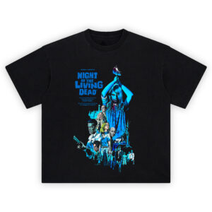 Night of the Living Dead Retro Horror Graphic T-Shirt with comic-style art of zombies, survivors, and Karen with a bloodied trowel