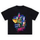 Gremlins Party Monster Graphic T-Shirt featuring a mohawked gremlin with sunglasses, chains, soda, and neon punk style