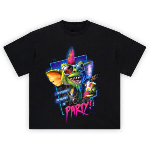 Gremlins Party Monster Graphic T-Shirt featuring a mohawked gremlin with sunglasses, chains, soda, and neon punk style
