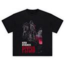Alfred Hitchcocks Psycho Horror Movie Graphic T-Shirt featuring a shadowy Bates house and bold red “PSYCHO” typography.