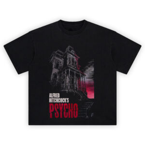 Alfred Hitchcocks Psycho Horror Movie Graphic T-Shirt featuring a shadowy Bates house and bold red “PSYCHO” typography.