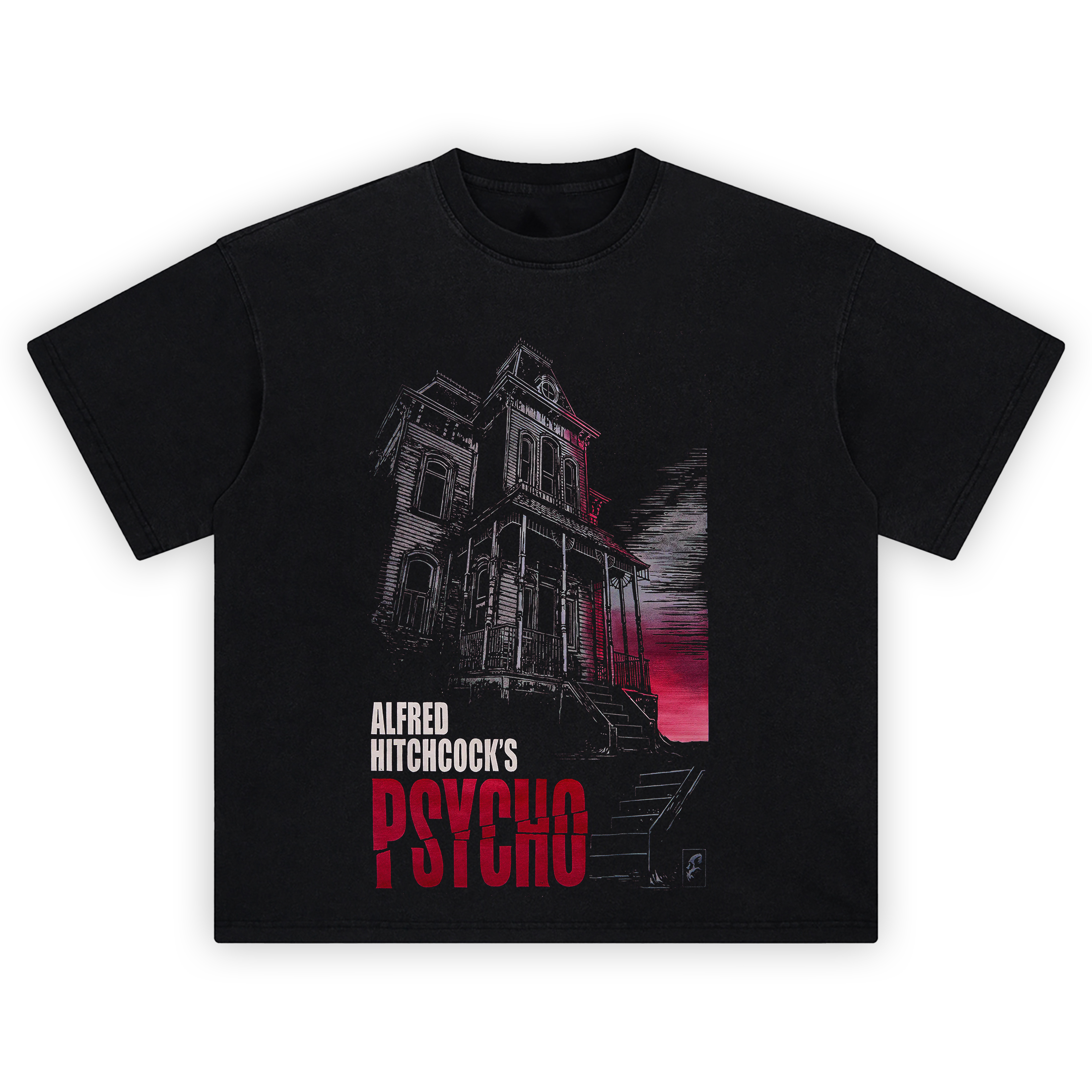 Alfred Hitchcocks Psycho Horror Movie Graphic T-Shirt featuring a shadowy Bates house and bold red “PSYCHO” typography.