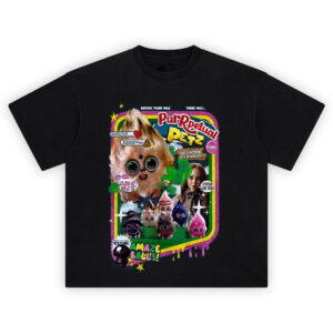Purrpetual Petz Parody Toy Graphic T-Shirt featuring fake retro packaging and MEGAN-inspired creepy pet toys
