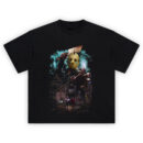 Roys Revenge Slasher Horror Graphic T-Shirt featuring masked killer wielding cleaver reaching out over fleeing figures and haunted cabin