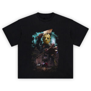Roys Revenge Slasher Horror Graphic T-Shirt featuring masked killer wielding cleaver reaching out over fleeing figures and haunted cabin