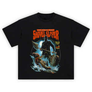 The South Bend Shovel Slayer Horror Graphic T-Shirt with killer holding bloody shovel over terrified kid in snow