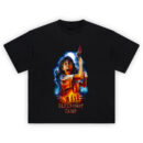 Sleepaway Camp Slasher Horror T-Shirt featuring screaming girl with axe, running campers, fiery background and full moon