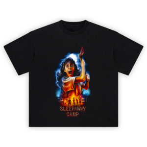 Sleepaway Camp Slasher Horror T-Shirt featuring screaming girl with axe, running campers, fiery background and full moon