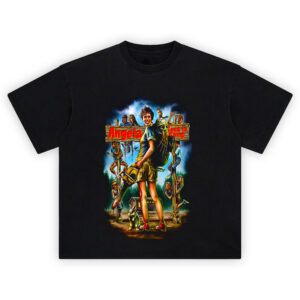 Angela Goes to Camp Horror Comedy T-Shirt featuring smiling killer with chainsaw, terrified campers, forest setting, and dark humor elements