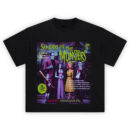 Sounds of The Munsters Vintage Record T-Shirt featuring classic monster family Herman, Lily, Grandpa, Marilyn, and Eddie in front of mansion