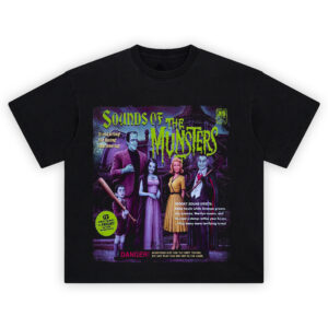 Sounds of The Munsters Vintage Record T-Shirt featuring classic monster family Herman, Lily, Grandpa, Marilyn, and Eddie in front of mansion