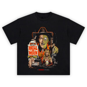 Joe Bob’s Hell O Ween T Shirt featuring Joe Bob Briggs, Darcy the Mail Girl, and horror icons in retro Halloween style