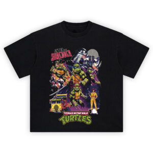 Teenage Mutant Ninja Turtles Enter the Shredder T Shirt featuring Shredder, Leo, Raph, Don, Mikey, April O’Neil, and Turtle Van