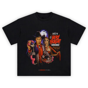 Joe Bob's Very Violent Valentine T Shirt featuring Joe Bob, Darcy the Mail Girl, pink fuzzy handcuffs, heart-shaped gore box, and horror love theme