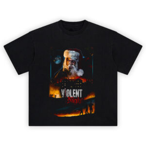 Violent Night Killer Santa T Shirt featuring a gritty Santa, gingerbread man, armed soldiers, and holiday explosions in horror action style