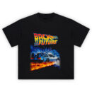 Back to the Future Delorean Graphic T-Shirt featuring time-traveling DeLorean with flames and lightning