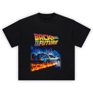 Back to the Future Delorean Graphic T-Shirt featuring time-traveling DeLorean with flames and lightning
