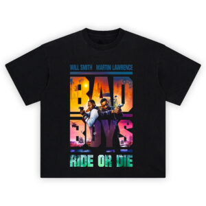 Bad Boys Ride or Die Graphic T-Shirt with Will Smith and Martin Lawrence holding guns in sunset action design