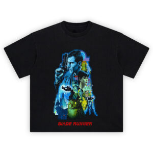 Blade Runner Graphic T-Shirt featuring Deckard, Rachael, and a neon-lit cyberpunk city design