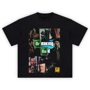 Breaking Bad T-Shirt design with comic-style collage of Walter White, Jesse Pinkman, and other characters