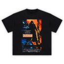 Darkman Movie Poster Graphic T-Shirt with silhouette of Darkman in trench coat and blazing city background