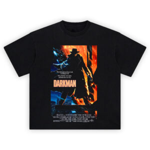 Darkman Movie Poster Graphic T-Shirt with silhouette of Darkman in trench coat and blazing city background