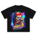 Predator Welcome to the Jungle 80s Neon Graphic T-Shirt featuring alien with sunglasses, neon lights, and retro jungle theme