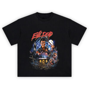 Evil Dead Graphic T-Shirt featuring Ash with axe and chainsaw surrounded by Deadites and haunted forest