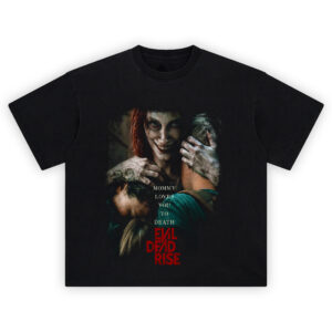 Evil Dead Rise Mommy Loves You Graphic T-Shirt featuring creepy Deadite mom hugging kids