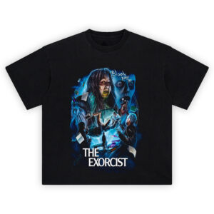 The Exorcist Graphic T-Shirt featuring possessed Regan, levitation scene, and exorcism artwork