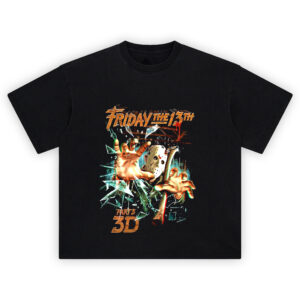 Jason Voorhees bursting through glass in Friday the 13th Part 3D Jason Attack Tee artwork