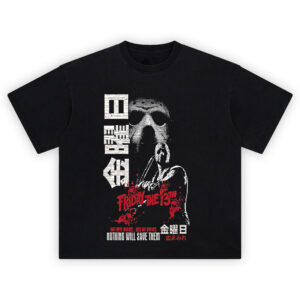 Friday the 13th Japanese Horror Tee with Jason Voorhees, blood splatter, and kanji text