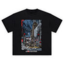 Ghostbusters NYC Showdown Subway Tee with team emerging from subway in stormy Manhattan street scene