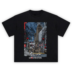 Ghostbusters NYC Showdown Subway Tee with team emerging from subway in stormy Manhattan street scene