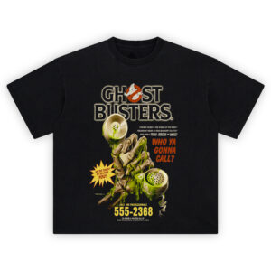 Ghostbusters Slime Hotline Retro Tee with skeleton hand holding slimy phone and ghost ad design