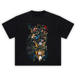 Gremlins Gizmo Mayhem Retro Tee featuring Gizmo running from mischievous gremlins in chaotic cartoon style