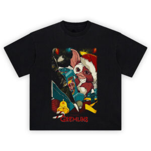 Gremlins Gizmo Christmas Arcade Tee featuring Gizmo in Santa hat with hidden gremlins and retro toys
