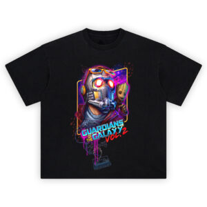 Guardians of the Galaxy Vol 2 Neon Graphic Tee with Star-Lord, Baby Groot, and glowing cassette art