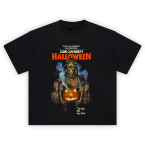 John Carpenter's Halloween Retro Skeleton Horror Tee with creepy family, jack-o’-lantern, and killer silhouette
