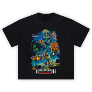 Halloween III Season of the Witch Retro Horror Tee featuring glowing masks, dead bodies, and Silver Shamrock chaos