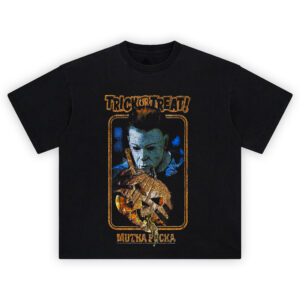 Michael Myers Trick or Treat Horror Graphic Tee with pumpkin stabbing scene and gritty Halloween design